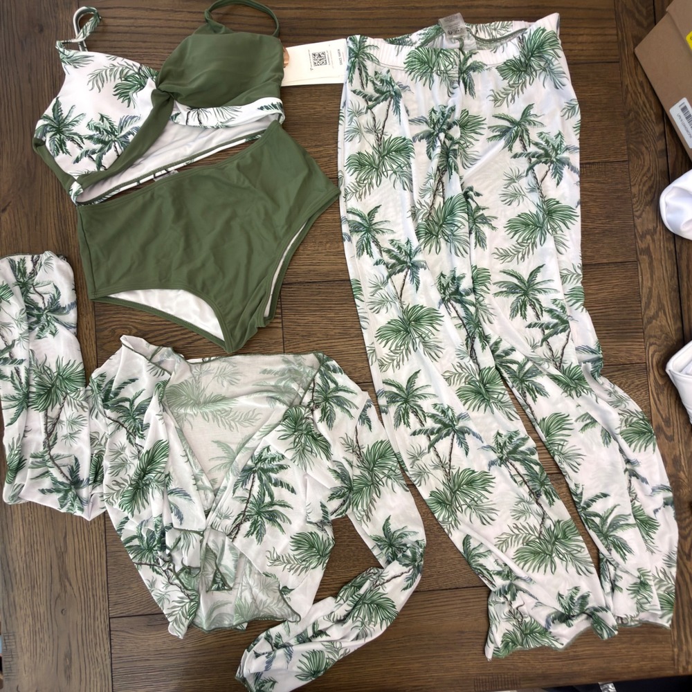 Grace Karin Girls 14Y 4-Piece Tropical Palm Bikini‎ Mesh Shrug Pants Set Green